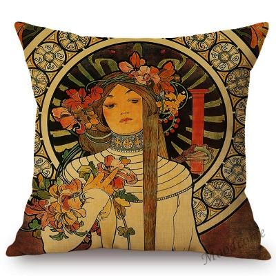 Vintage European Art Nouveau Mucha Gallery Decorative Sofa Pillow Cover Beautiful Beauty Girl Cotton Linen Luxury Cushion Cover