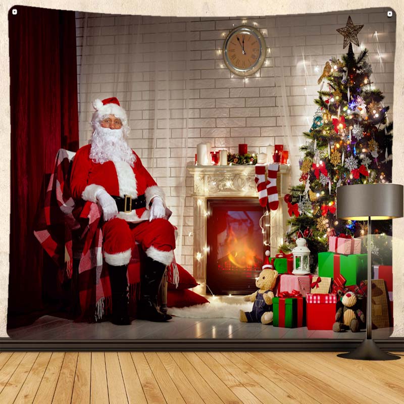 Merry Christmas Santa Claus Fireplace Print Pattern Tapestry Home Living Room Bedroom Decoration Background Cloth Tapestry