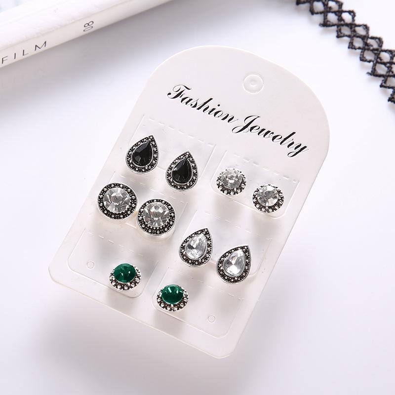 Vintage 5 Pairs of Imitation Gemstone Crystal Water Drop Bohemian Stud Earrings