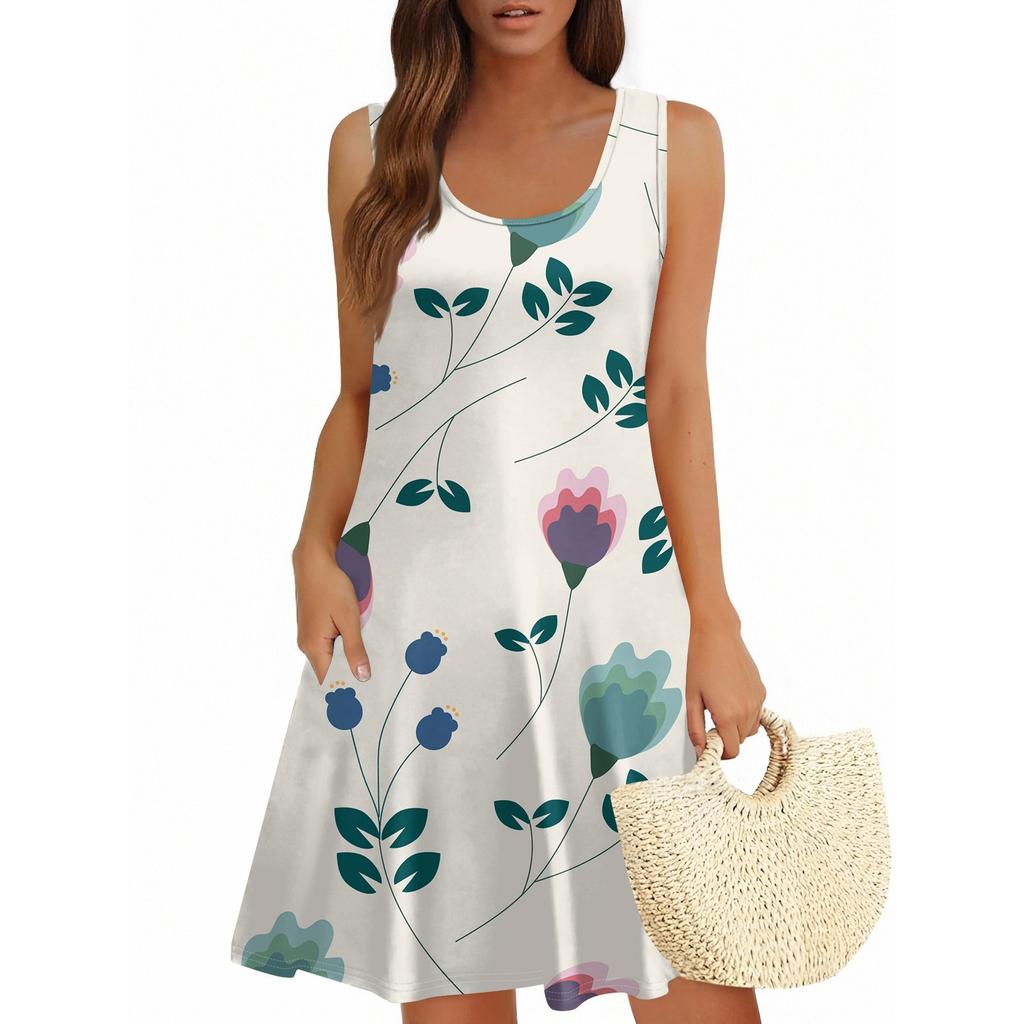 Robe d'été décontractée à imprimé floral et col carré pour femme, sans manches, avec poches