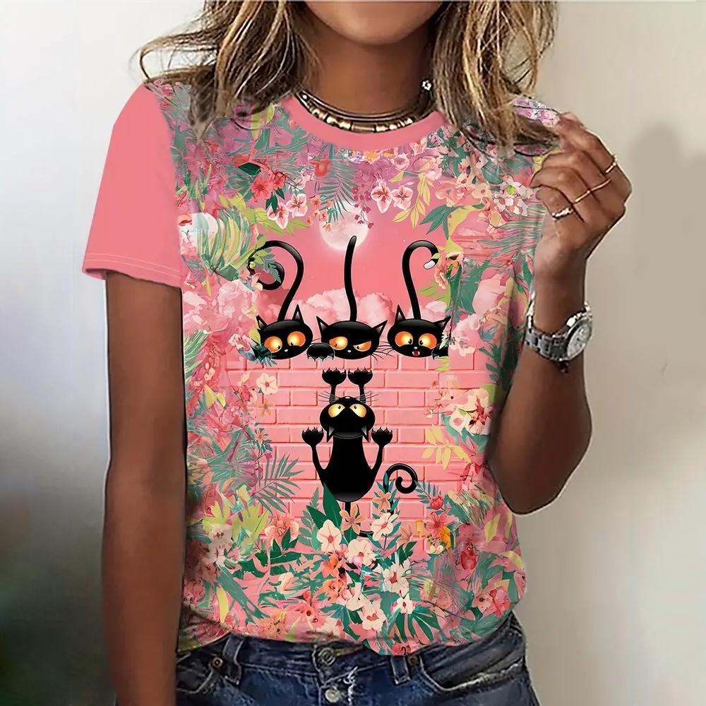 Letní dámské tričko pro volný čas Krátký rukáv 3D trička s potiskem kočky Móda Streetwear Pulovr s výstřihem Dámské oversized oblečení