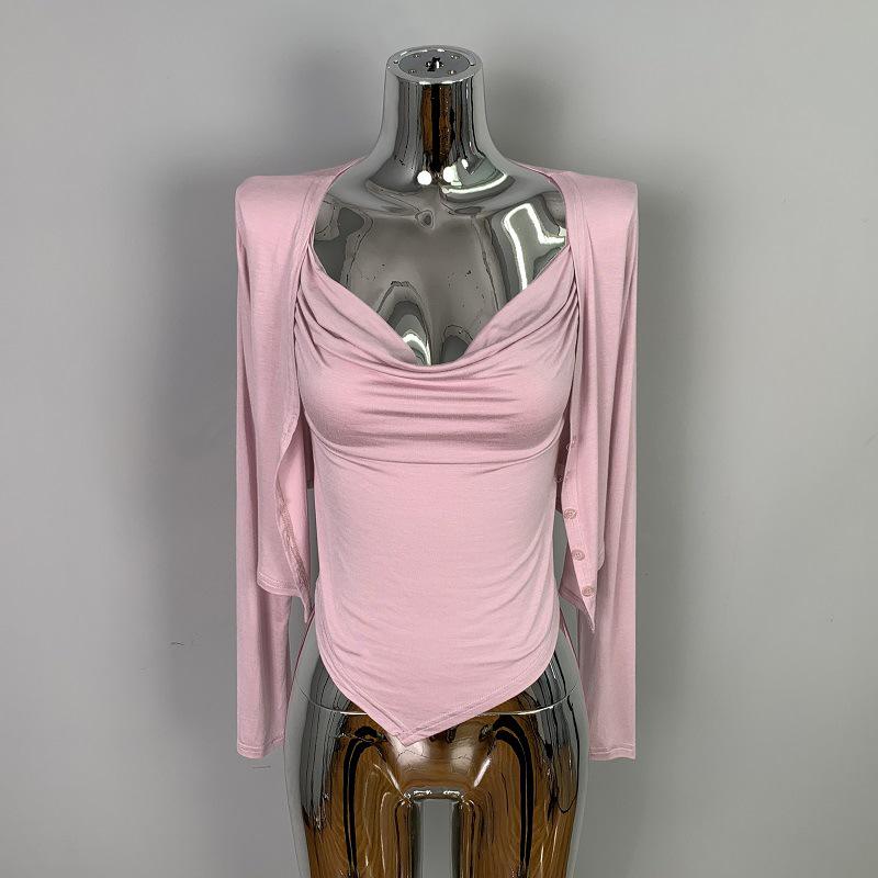 Korejský zeštíhlující bodycon set: Nařasené tílko a krátký kardigan pro ženy