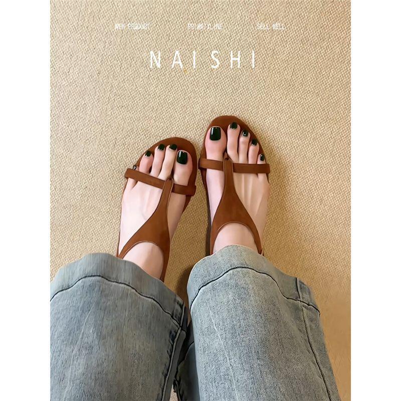 Sheepskin version! Korean version of the design sense flat sandals women's word with retro toe Roman sandals casual beach shoes