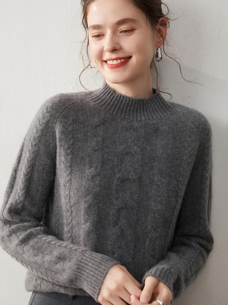 Women's Thick Cable-Knit Cashmere Pullover: Seven-Needle, Double-Strand, Half-High Neck, Raglan Sleeves, Casual Base Layer Top