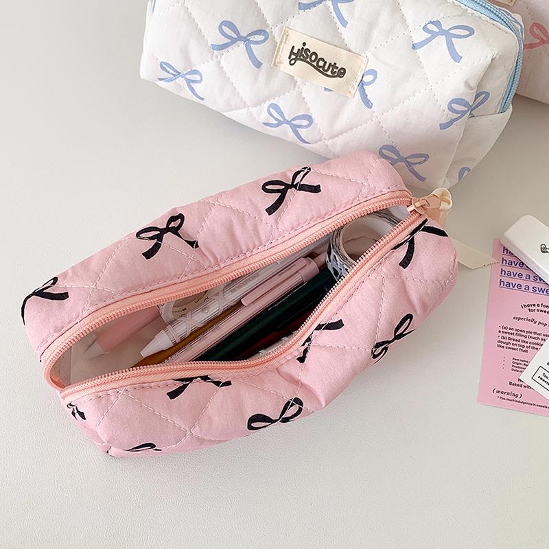 Bow Ribbon Pencil Pouch for Girls Fabric Stationery Bag Large Capacity School Supplies Organizer Gift Idea