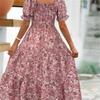 Women's Square Collar Waist Printed Dress S-XXXL