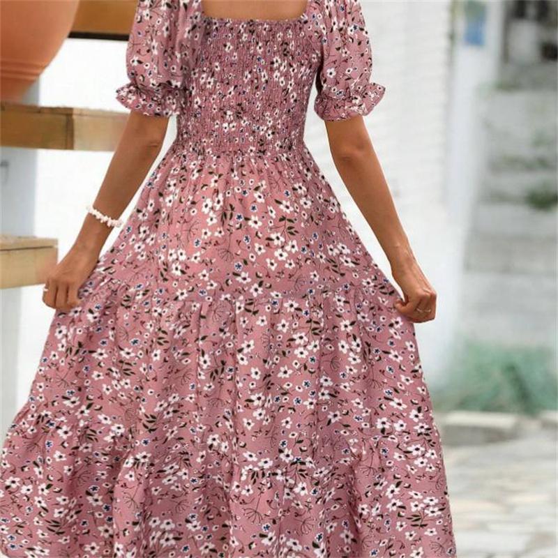 Women's Square Collar Waist Printed Dress S-XXXL