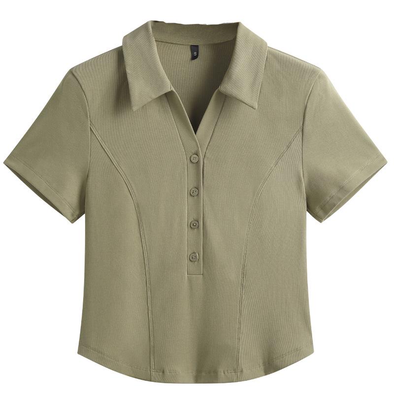 Women's Korean Style Slim-Fit High-Waisted Short-Sleeved Stretch T-Shirt with Turn-Down Collar - Summer 2026 Collection