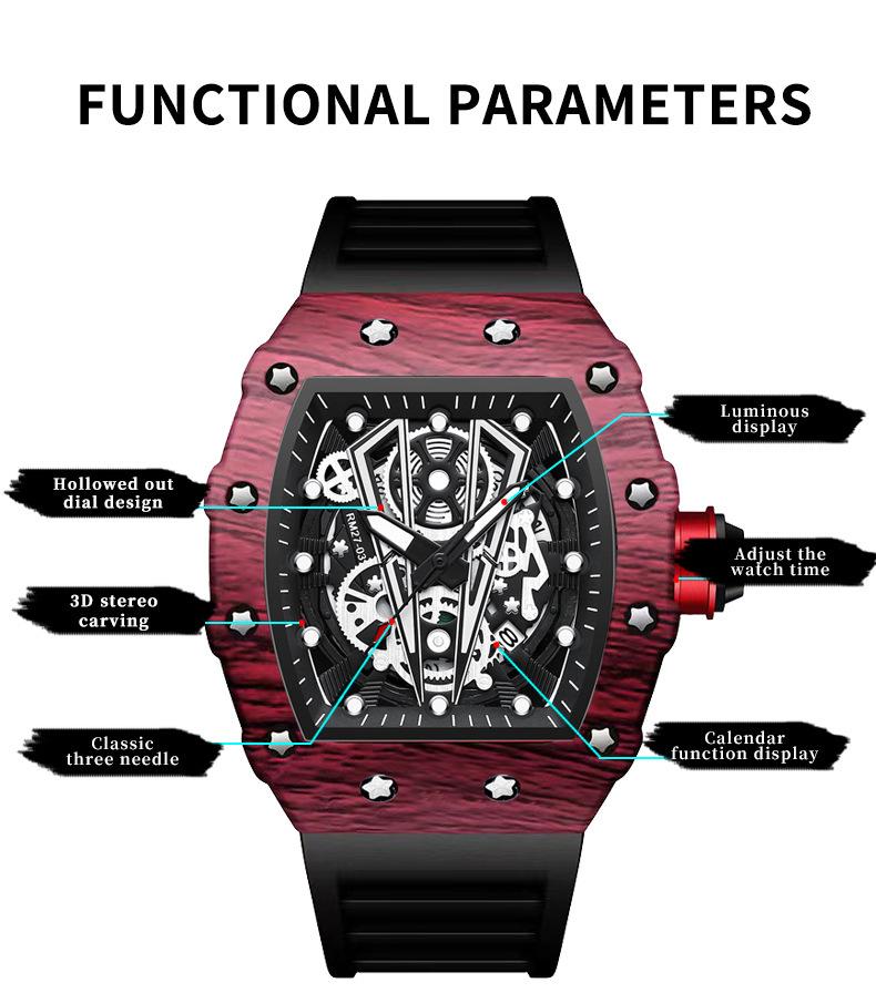 BINBOND Men's Domineering Barrel-Shaped Sports Watch with Curved Hollow Design