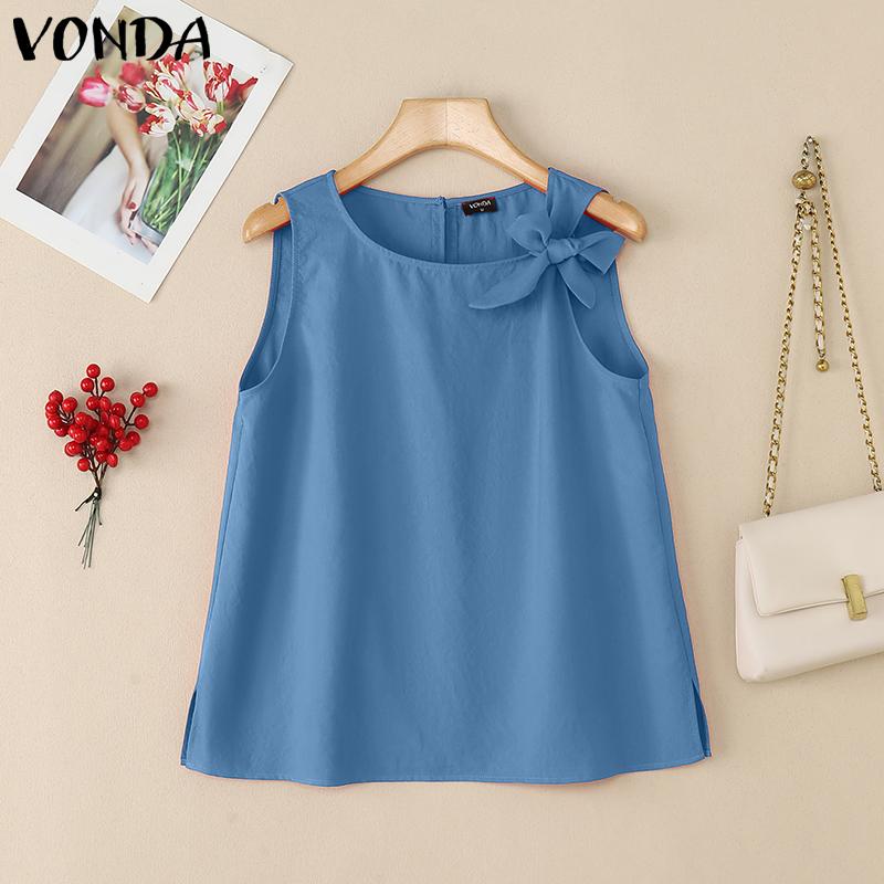 

VONDA Womens Sleeveless Casual Bow Knot Solid Color Tank Tops 5XL