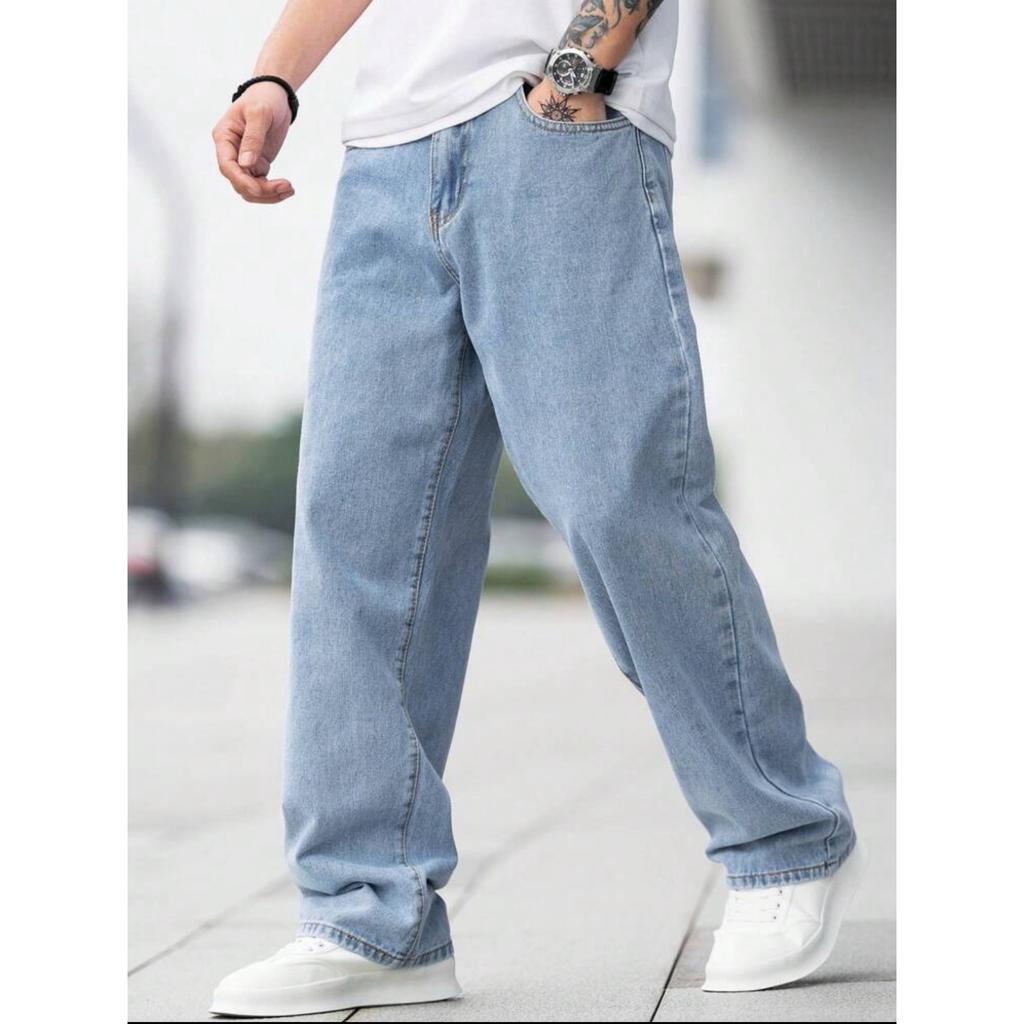 Herren Jeans locker weiter Beine hellblau gewaschen Retro Straße trendige Marke vertikal gerade Hosen