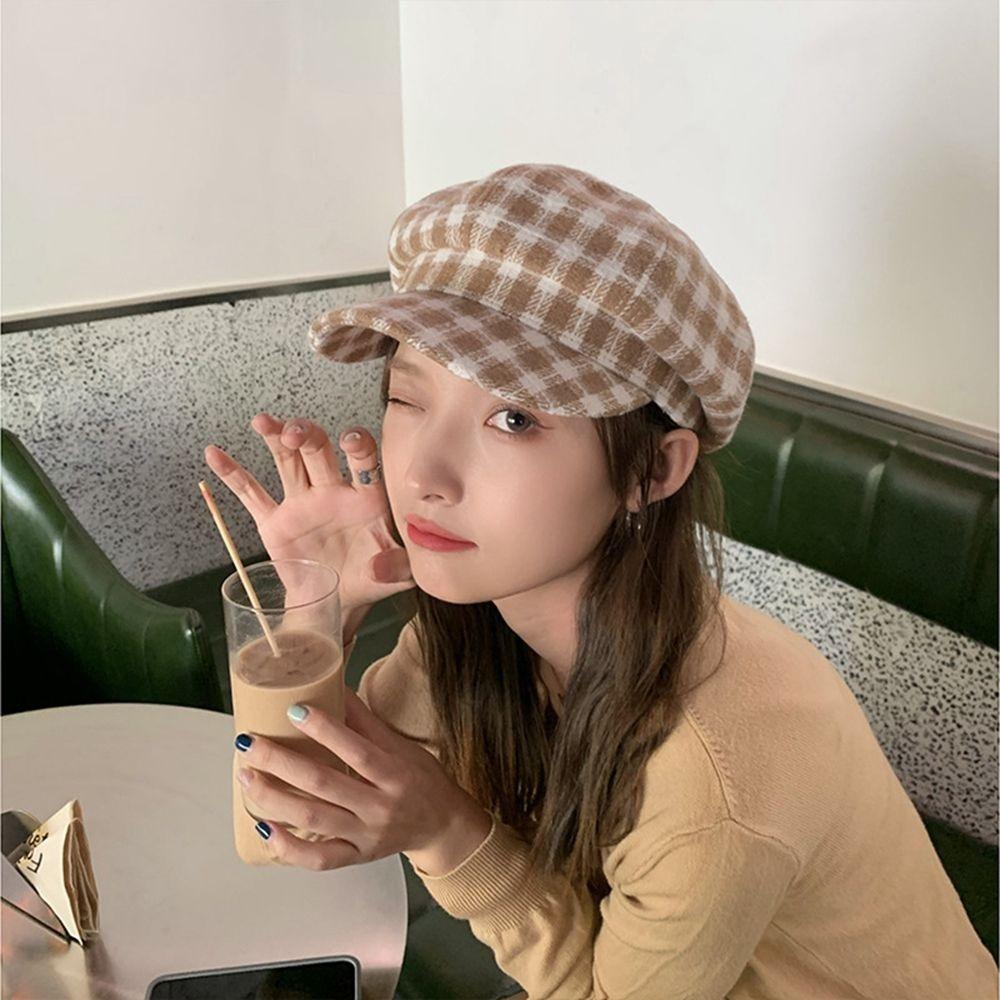 Korean Style Women Painter Hat Keep Warm Women Octagonal Cap Sweet Plaid Beret Hat  Girl
