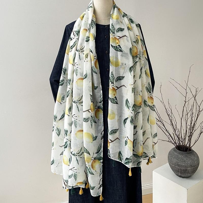 Lemon Pattern Women Viscose Scarf 88*180cm Cotton Linen Feeling Soft Shawl Tassel Hijab Wrap Pashmina Soft Summer Beach