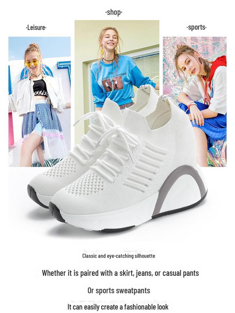 "2024 Autumn Women's White Height-Enhancing Sports Shoes - Korean Style, Breathable, Versatile, and Casual with High Heels"