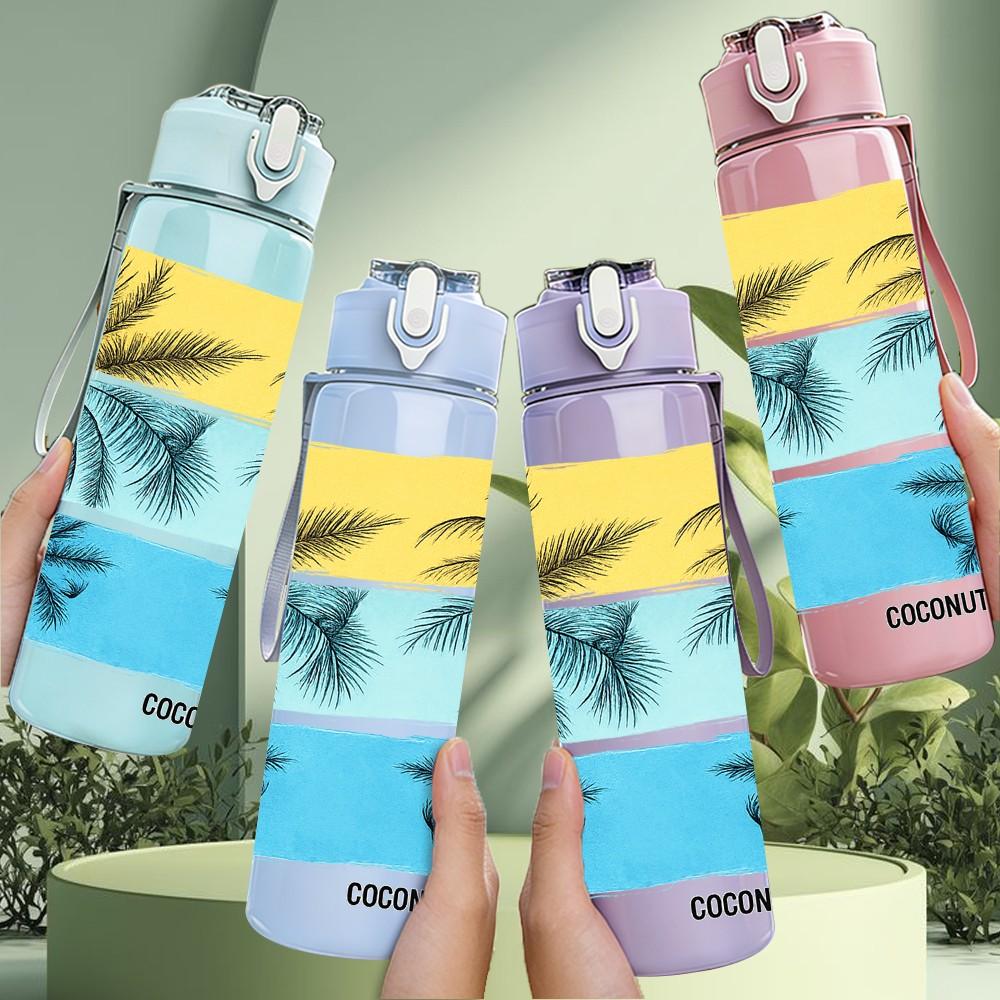1PC Palm Tree Beach Ocean Scenery Print 750ml Color Plastic Sports Water Bottle Leakproof Flip Straw Lid Suitable for Sports Office Home Use