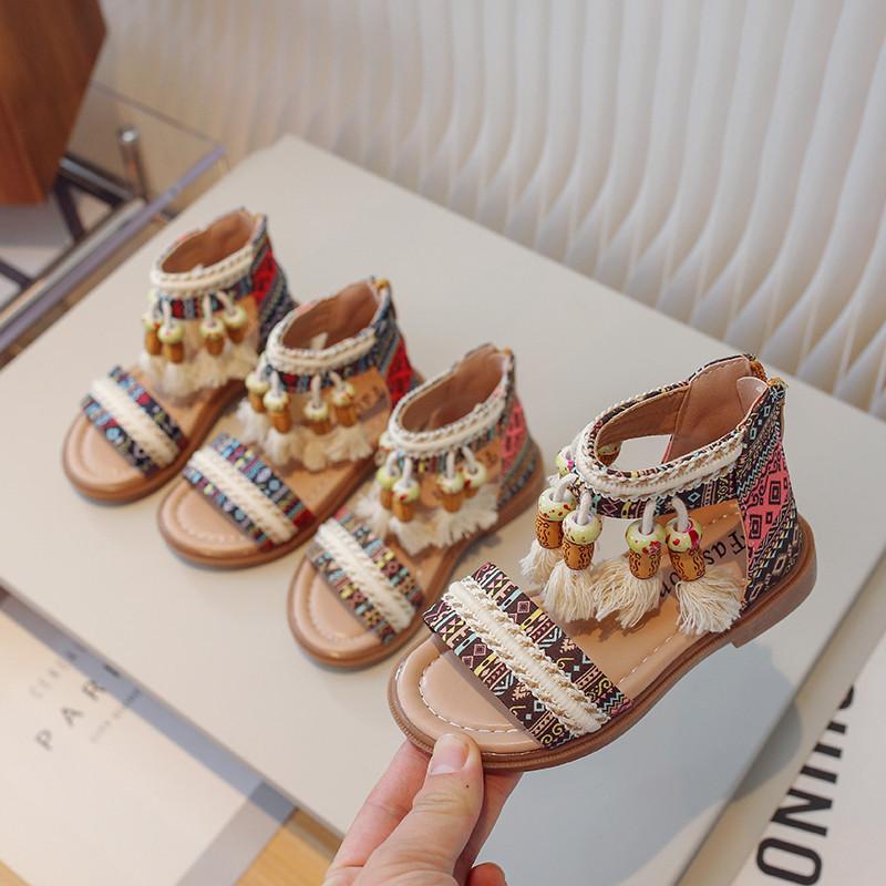 Sandalias Étnicas Retro para Niñas Sandalias Gladiador Infantiles Zapatos de Princesa con Borlas de Moda para Niños Transpirables Antideslizantes