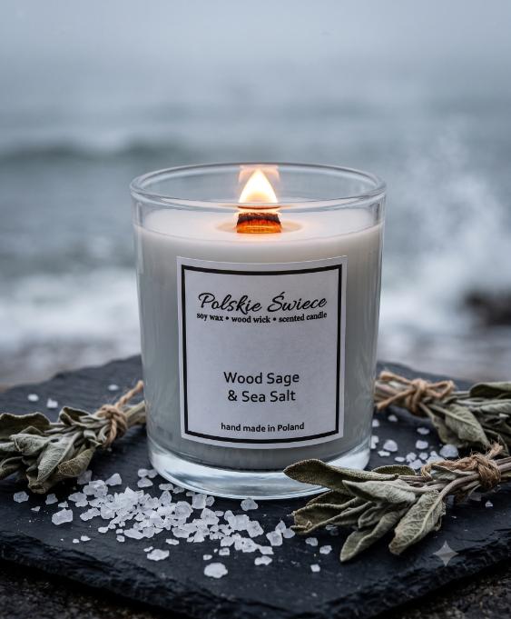 soy candle with a wooden wick + WOOD SAGE SEASALT