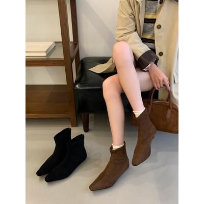 2025 New Autumn and Winter Square Head Flat Bottom Short Boots Women's Suede Skinny Boots Versatile Elastic Boots Versatile Short Boots Women
