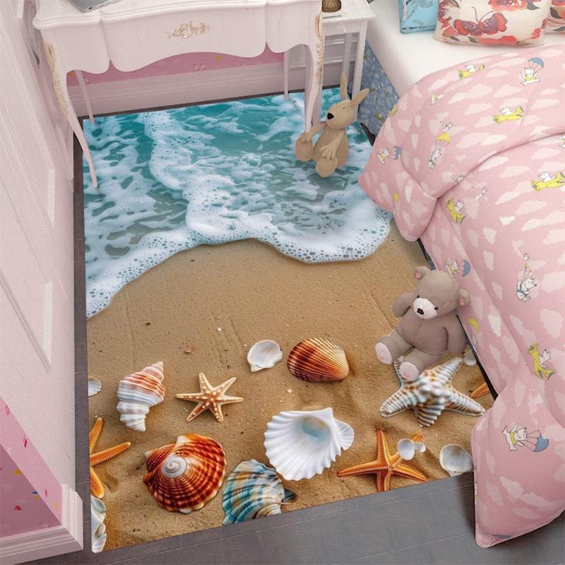 Large 3D Beach Area Rug with Seashells Starfish and Foamy Waves Kids Bedroom Non-slip Decorative Carpet Home Decoration