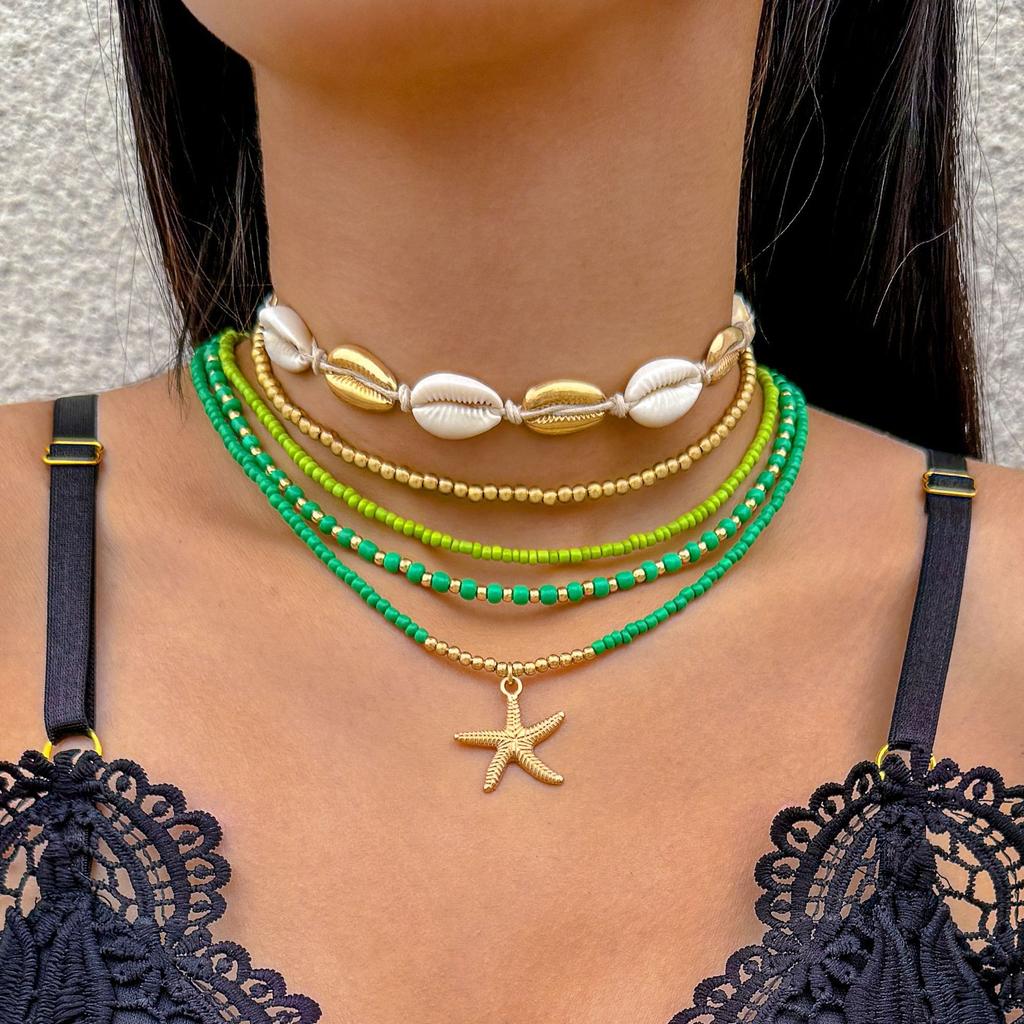 Bohemian Color Rice Bead Braided Rope Necklace Bracelet Set, Beach Wind Starfish Jewelry Twelve-piece Set