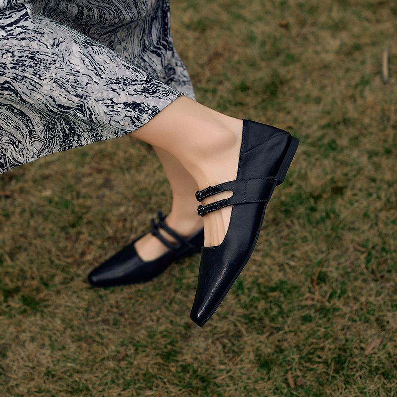 Fashion 2025 New Women Genuine Leather Mary Jane Flats Shoes Buckles Fashion Casual Square Toe Spring Summer Black Women Flat Shoes