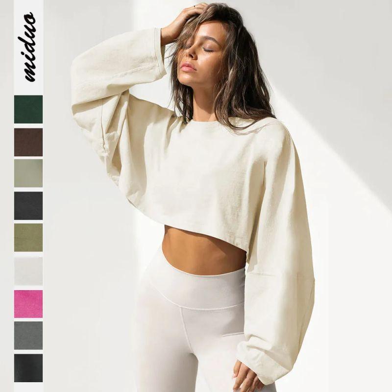 2025 Cross-Border Navel round Neck Hoodie European and American Women clothes Short Sports Bottoming Shirt T-shirt Knit Long sleeve Top
