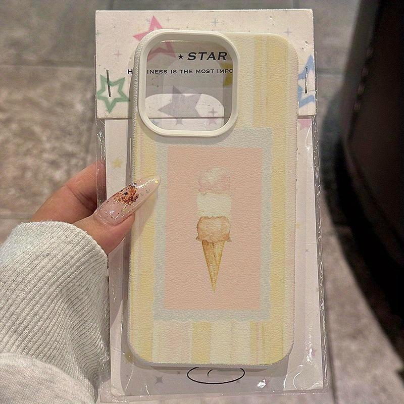 A Cute Striped Ice Cream Patterned Lychee-Textured Phone Case, Suitable for iPhone 17, 16, 15, Plus, Pro, Max Series Phones — Can Be Used As a Gift