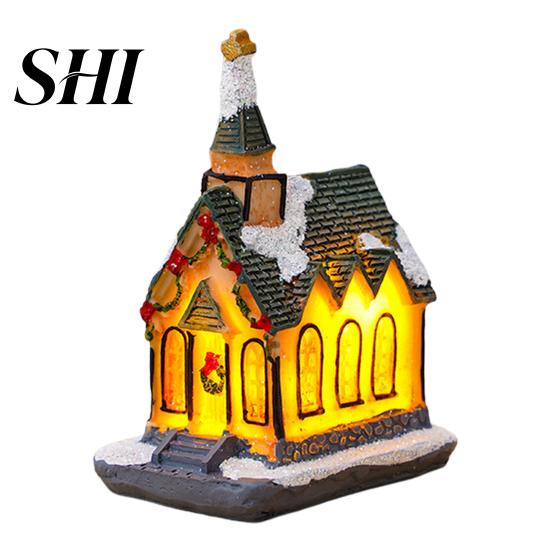 Resin Christmas House Decoration Glowing Ornament Romantic Warm Lighting Craft Desktop Statue LED Snow Covered Figurine Festival Gift B