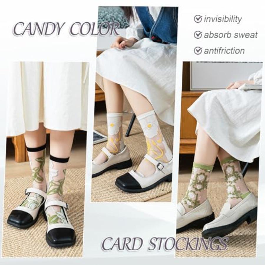 Womens Floral Sheer Socks Summer Thin Mesh Ankle Transparent Crystal Glass Silk Socks Cottagecore Elastic See Through Sock