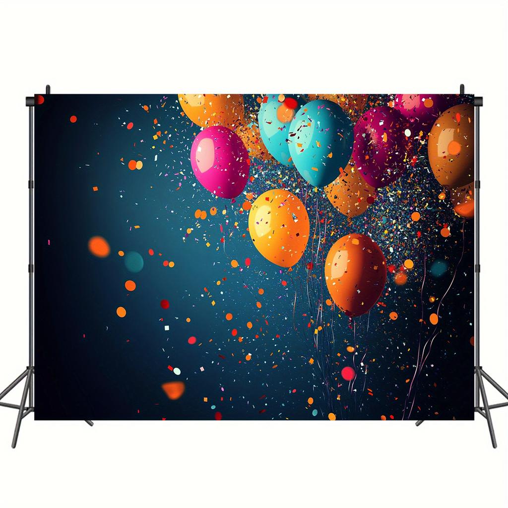A 2D flat banner background for home decoration, featuring colorful balloons and confetti.