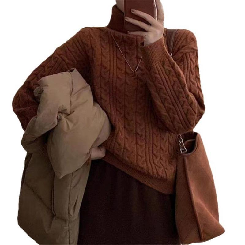 Retro twist turtleneck pullover bottoming sweater women's autumn and winter new soft waxy loose lazy knitted sweater top