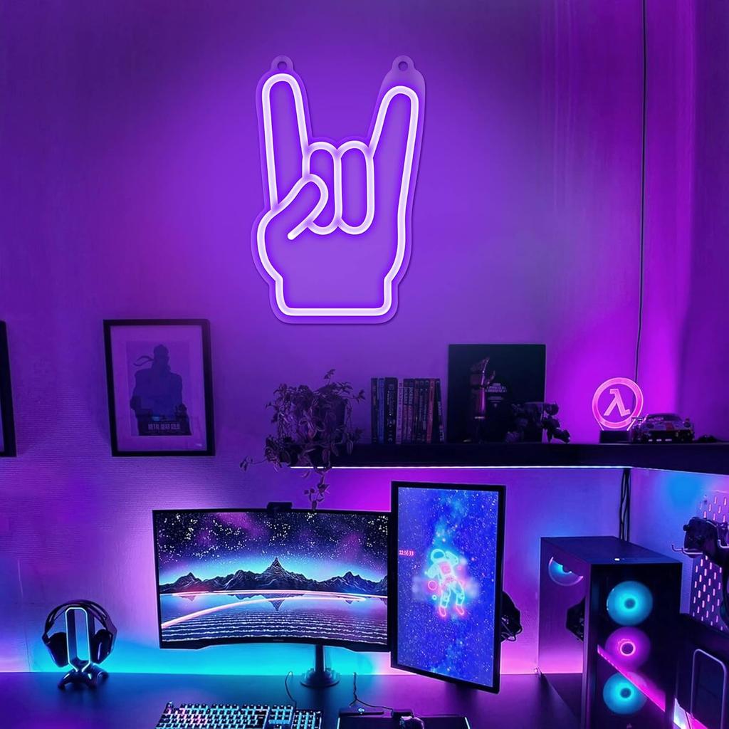 Attivolife Rock Hand Shaped Neon Light, Gamer Wall Decor LED Purple Neon Signs, USB Powered for Bar Christmas Birthday Home Party Gifts