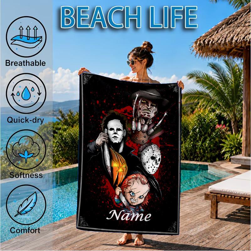 Custom Name Horror Characters Microfiber Beach Towel, Quick-Dry, for Summer Travel, Beach Essential, Picnic Essentials, Swimming Pool