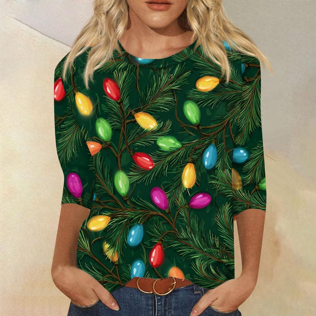 Women's Fashion Casual Christmas Tree Printed Round Neck Three-Quarter Sleeve T-Shirt Top