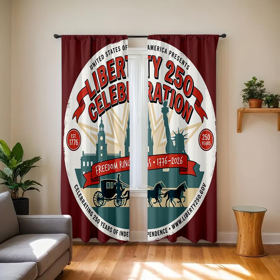 2PCS Curtains, Vintage Liberty 250th Anniversary Badge Pattern with Statue of Liberty, Independence Hall and Retro Horse Carriag 60×150