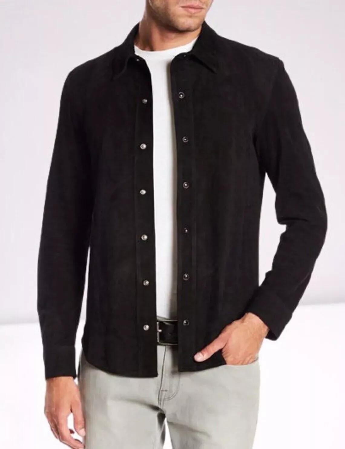 

Handmade Casual Party Wear Formal Stylish Men s Black Pure Soft Suede Leather Shirt 3XL чёрный