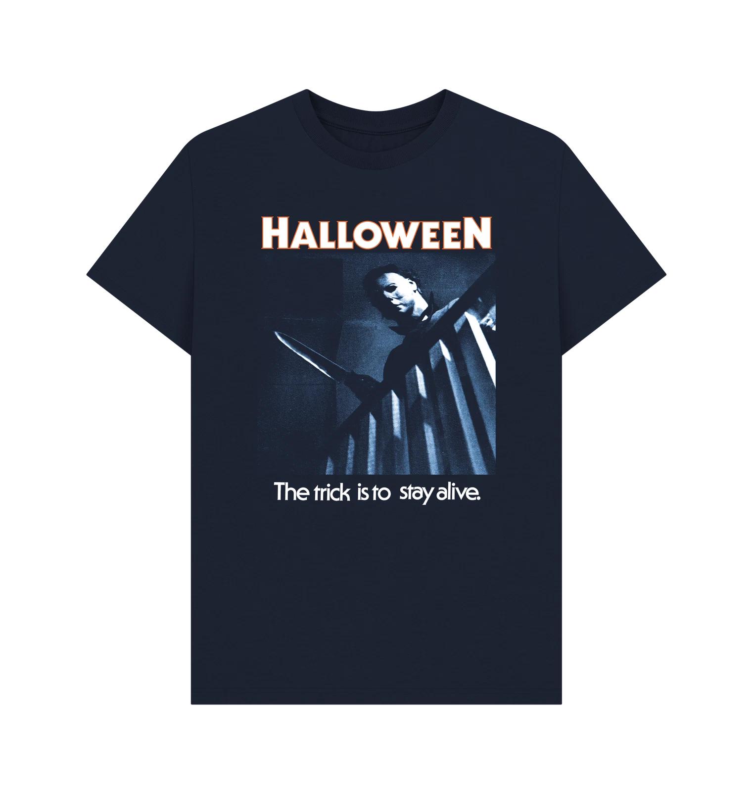 

PREMIUM OFFICIAL Halloween Halloween Trick To Stay Alive Graphic Navy Blue T-... 4XL