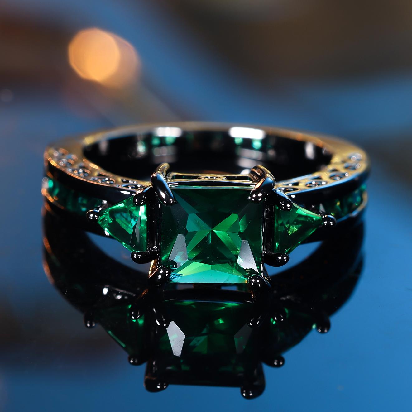 

Cute Female Green Square Zircon Stone Ring Vintage Fashion Black Gold Color Wedding For Women 11