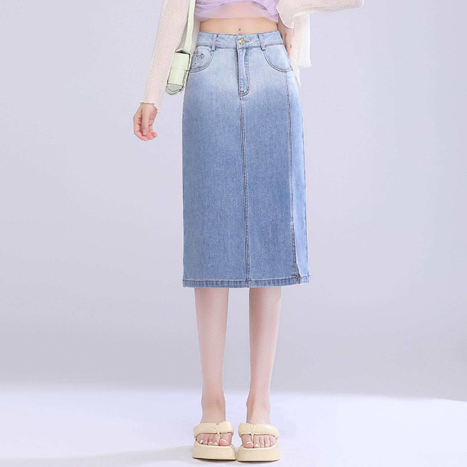 

Women s High-Waisted Gradient Denim Midi Skirt with Side Slits - Summer A-Line Bodycon Design XL [115-125 jin]