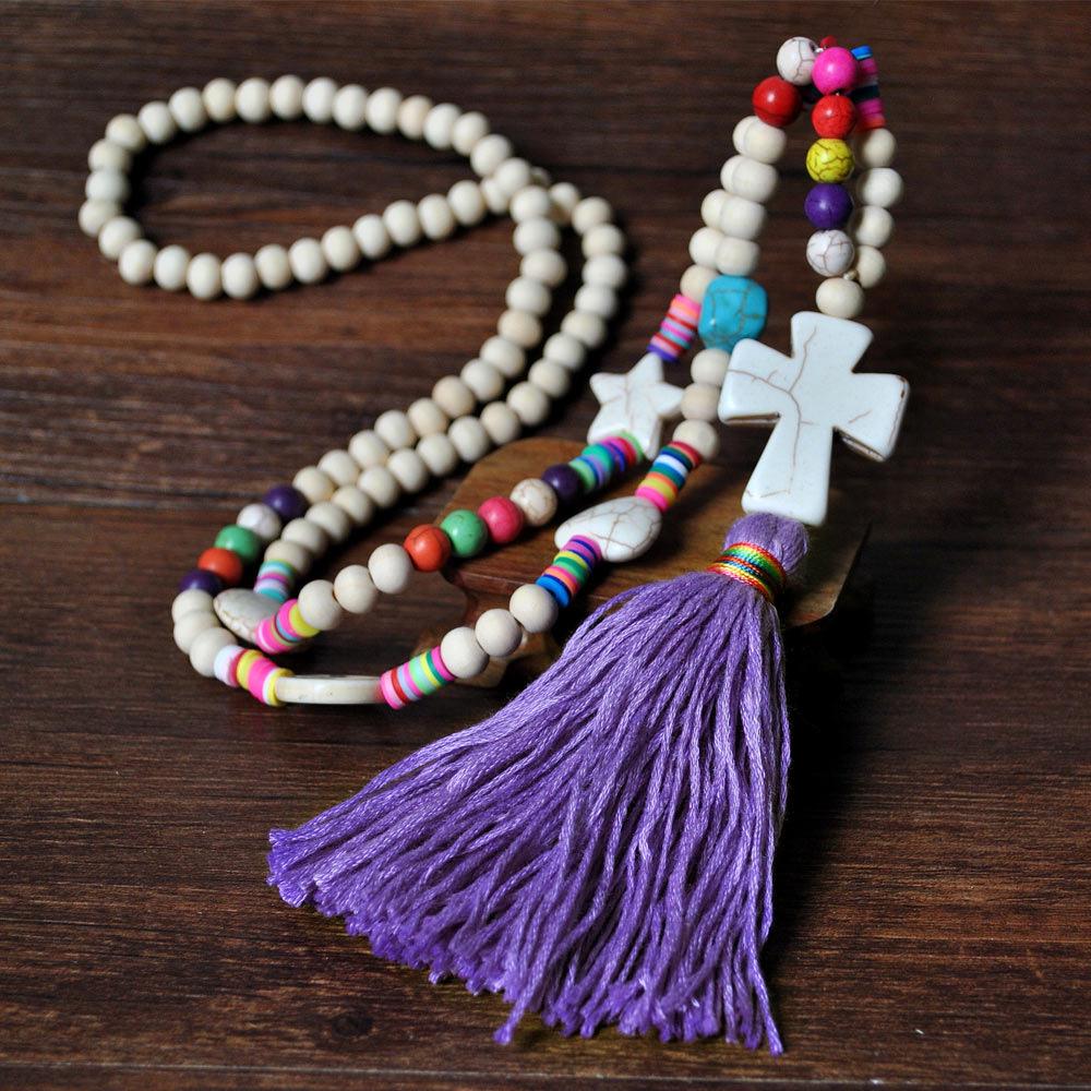 Bohemian Accessories Tassel Sweater Chain Necklace Women's String Wood Bead Long Necklace Jewelry