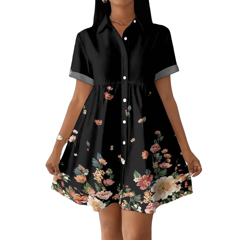 Women’s Casual Loose Fit Shirt Dress with Button Front Stand Collar Short Sleeve Polka Dot and Stripe Print Design