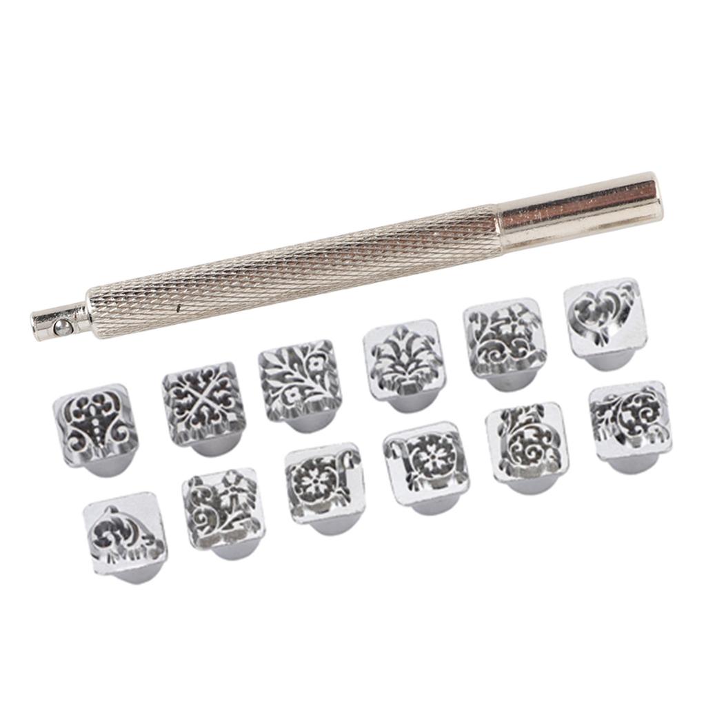 12Pcs Stamping Punch Tool Tang Dynasty Flower Design DIY Vegetable Leather Stamper 1Pc Handle