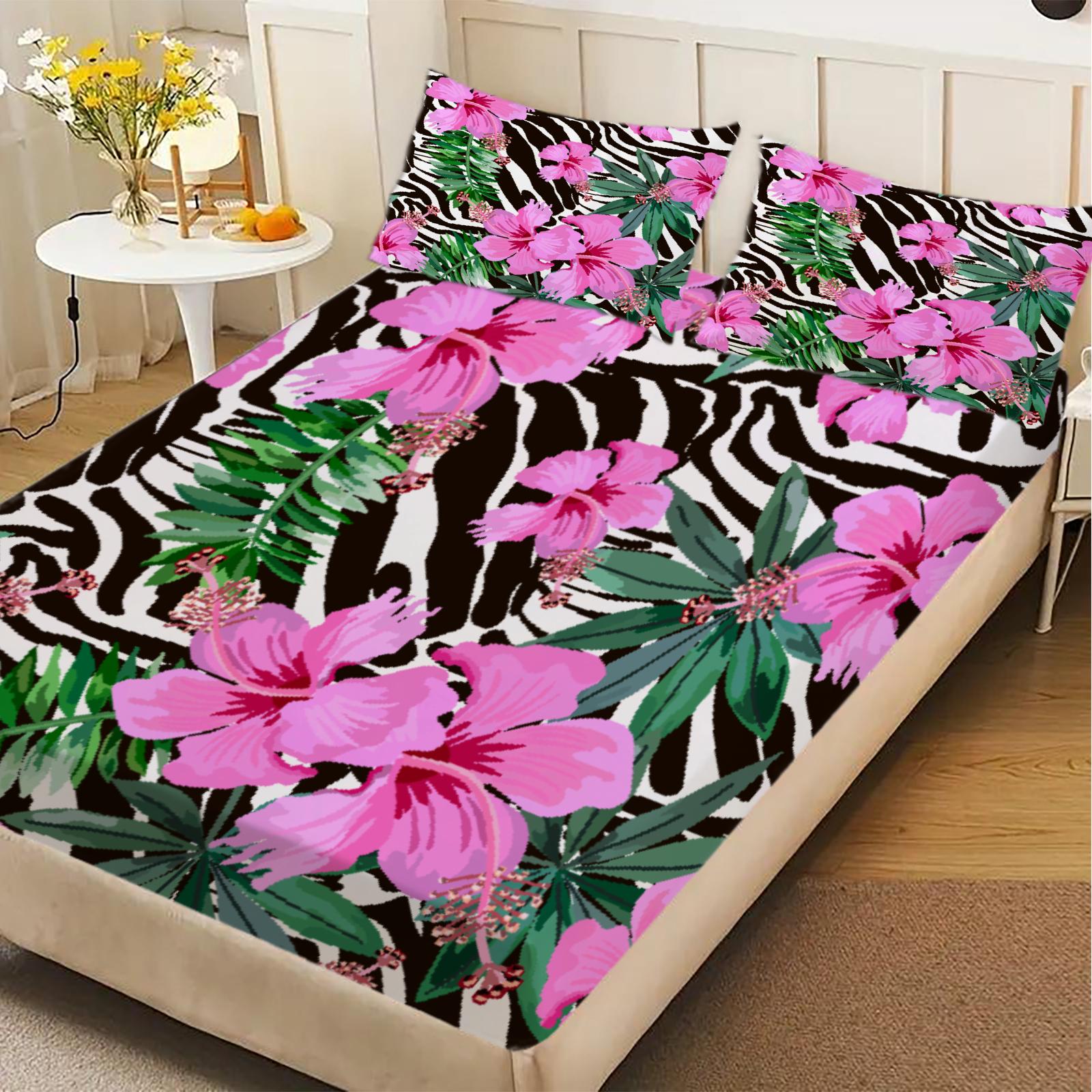 

3pcs Fitted Sheet Set Black And White Stripes With Pink Roses Bed Sheet With Pillowcases For Bedroom Decor 99x190x25cm