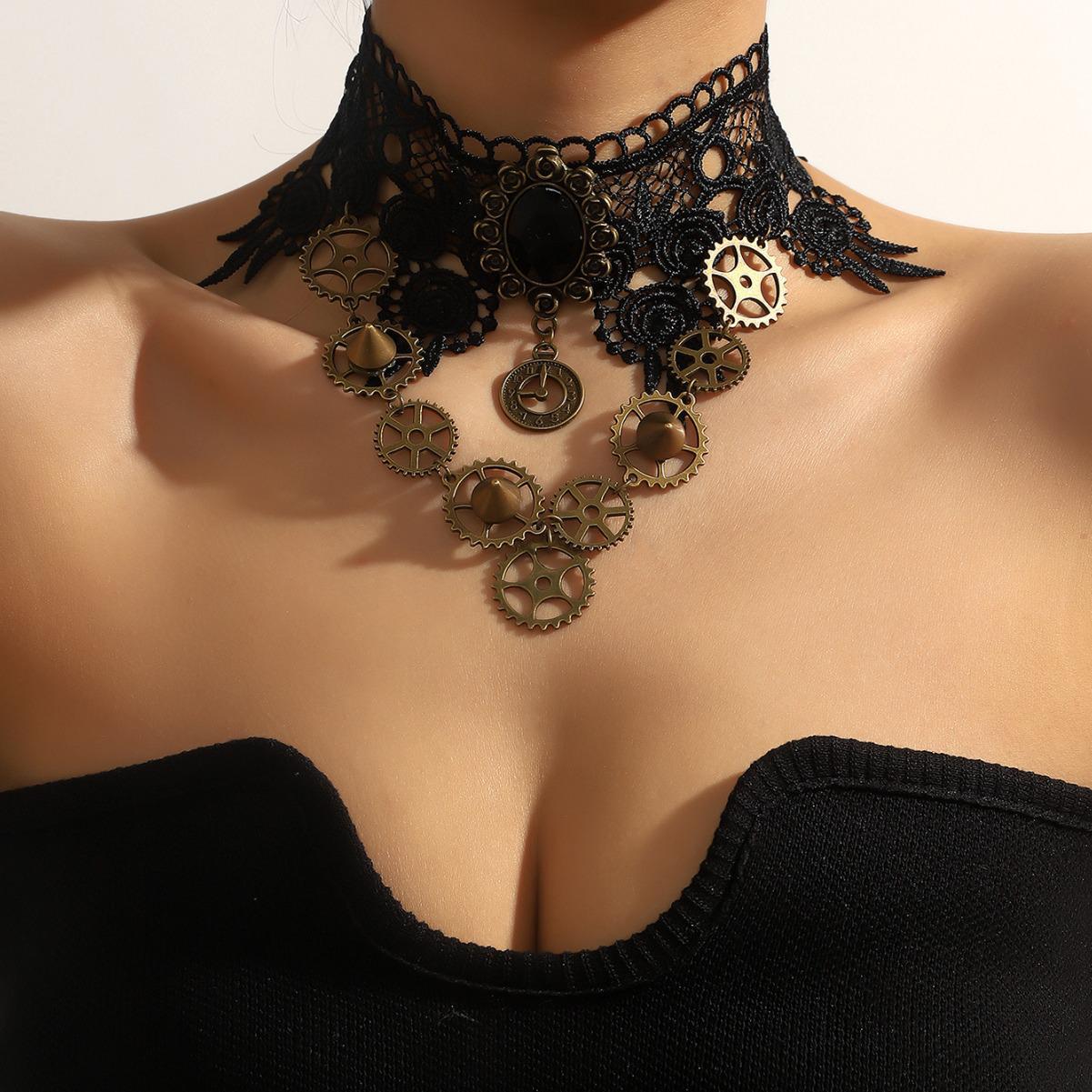 

Ретро-готическое стимпанк-кружевное ожерелье в стиле стимпанк - черные панк-украшения