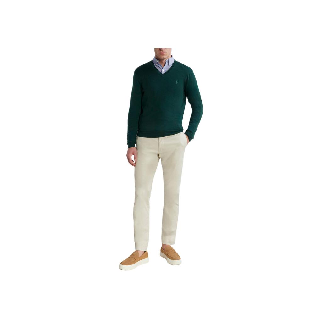 Polo Ralph Lauren FW23 Solid Logo Embroidered V-Neck Pullover Long Sleeve Sweater Men Sweater Dark-Green 710883124-012