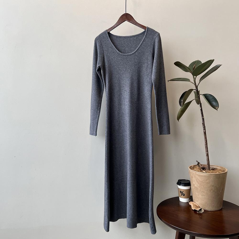 

Сплошное цветное платье-свитер с U-образным вырезом Торжественное платье Топ Модный облегающий силуэт трапециевидной формы с джемпером Осенне-зимнее нижнее платье-свитер Длинная юбка с высокой талией One Size