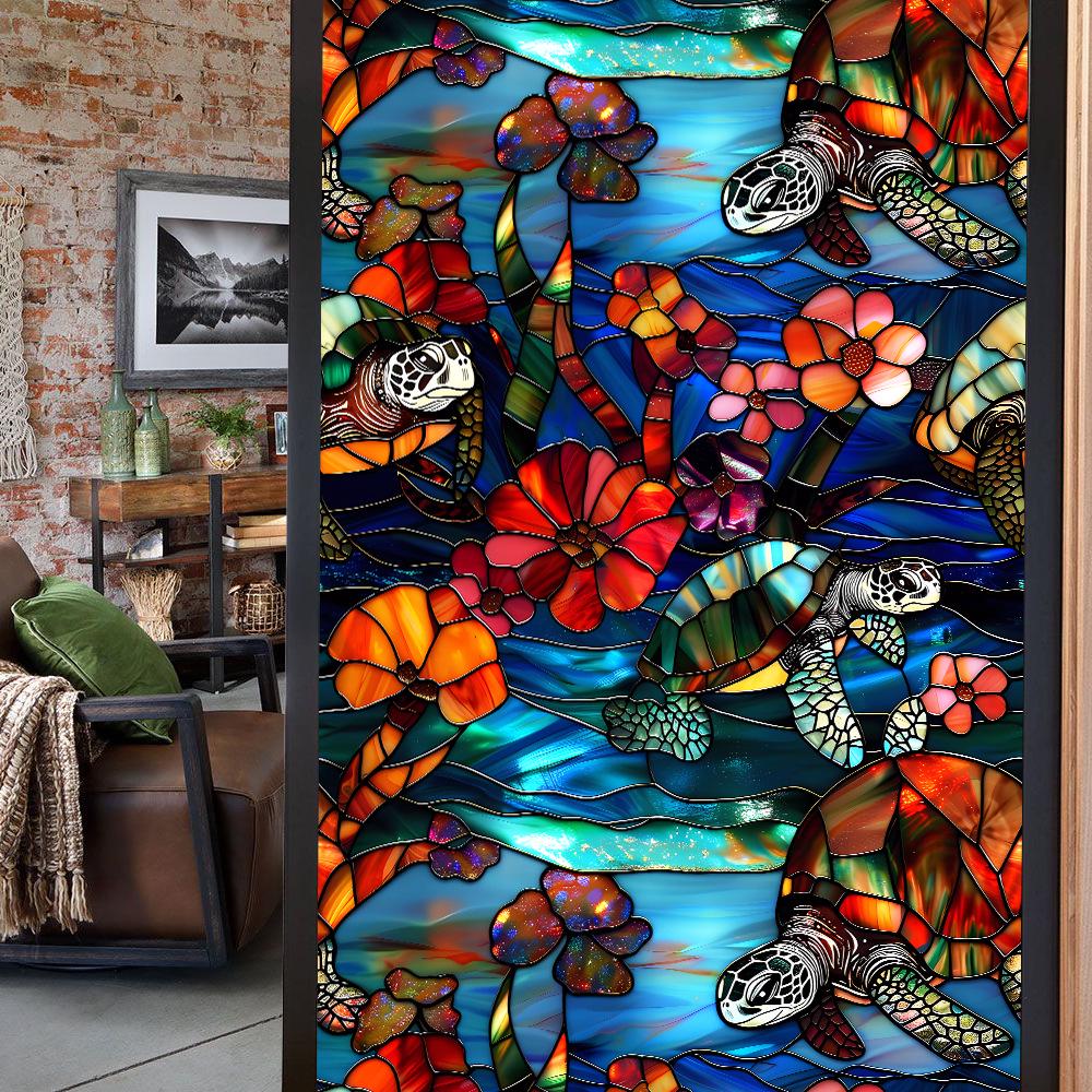 Colorful Retro Floral & Bird Static Cling Window Film - No Glue, Removable