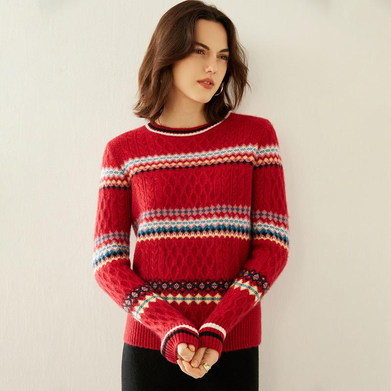 Women's Retro Jacquard Cashmere Knitwear: Color Block Round Neck for Autumn/Winter