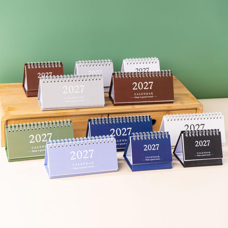 1Pcs 2027 Mini Coil Standing Desk Calendar Waterproof Page Flip Planner for Office Workers Daily Task Management