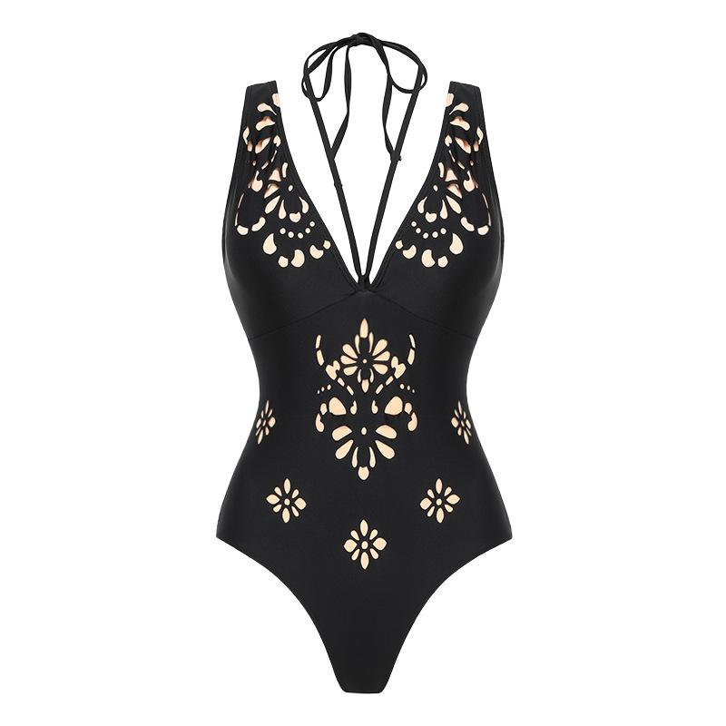 Western halter-neck swimsuit black hollow-out high-end swimsuit for women S